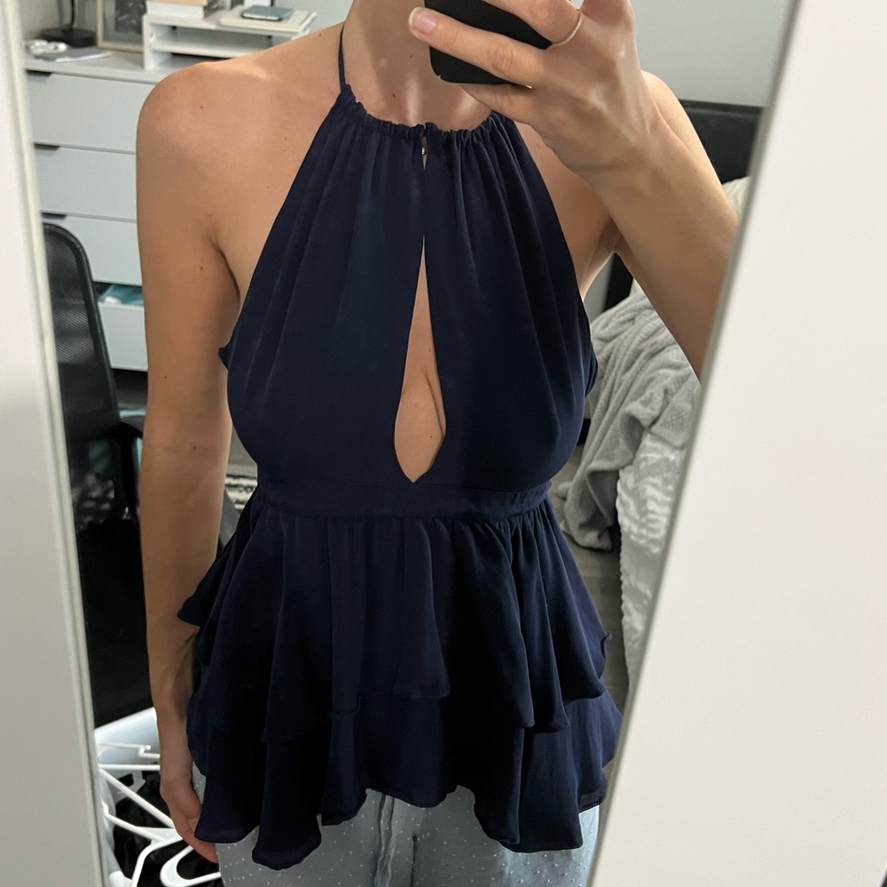 Parker Keyhole Silk Peplum Halter Top